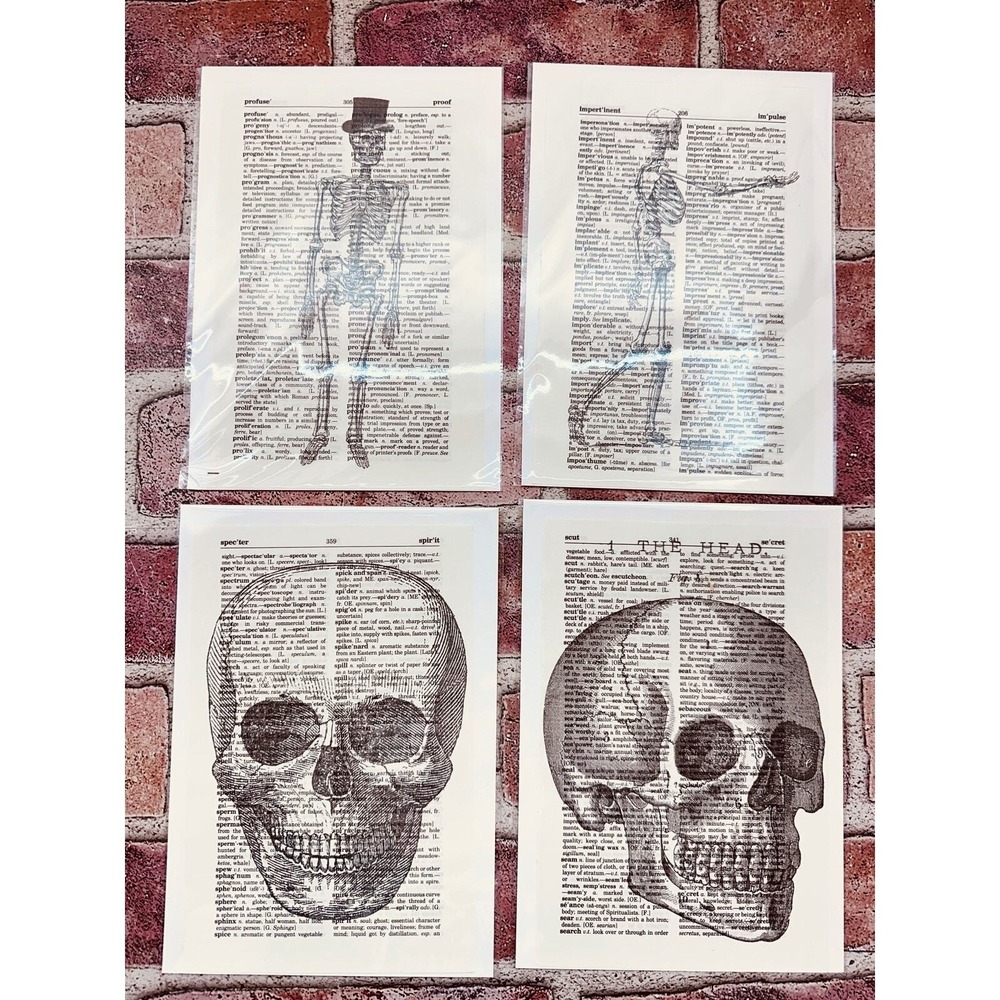 Skeleton Skull Spooky Upcycled Dictionary Art Prints Lot 4 Mini Poster Set‎ OOAK - Picture 4 of 14